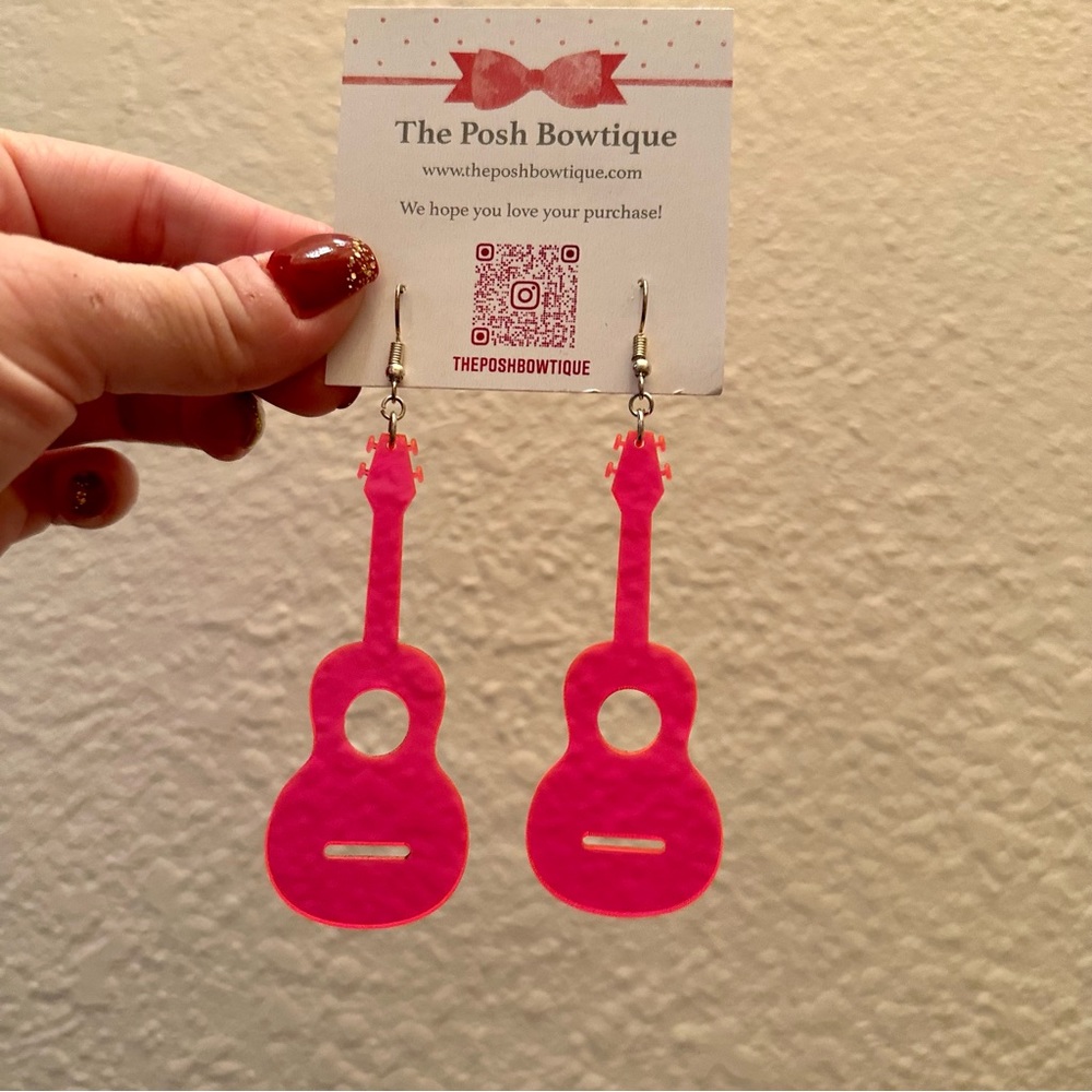 NWT Neon Pink Solid Acrylic Clear Guitar Statement Hanging Earrings